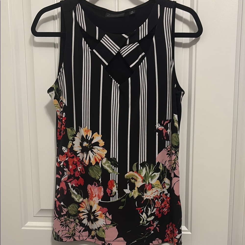 New York & Company Black Tank Top with Striking Stripes and Floral Design